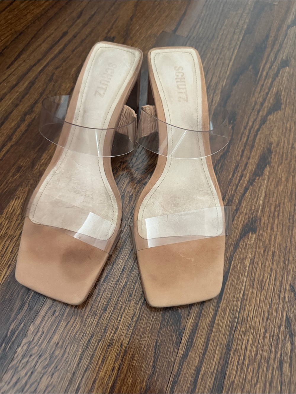 SCHUTZ Clear Strap Tan Square Toe Mules